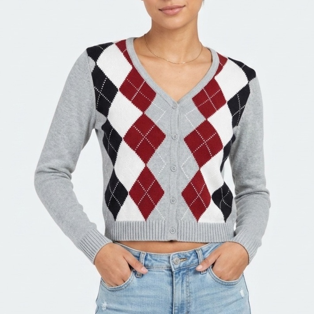 Brandy Melville Argyle Cardigan Womens Small Gray Red White Cropped Sweater